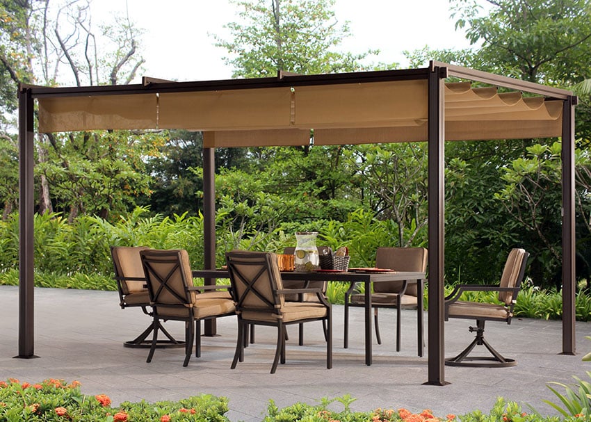 Pergola with powder coated metal frames with bolted posts