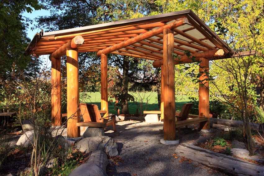 Backyard wood canopy with built in benches