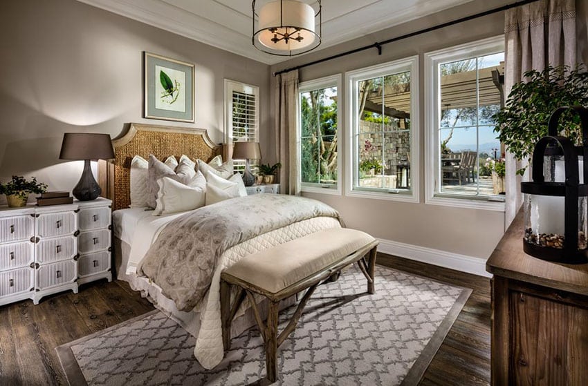 Beautiful bedroom with solid hickory plank wood flooring