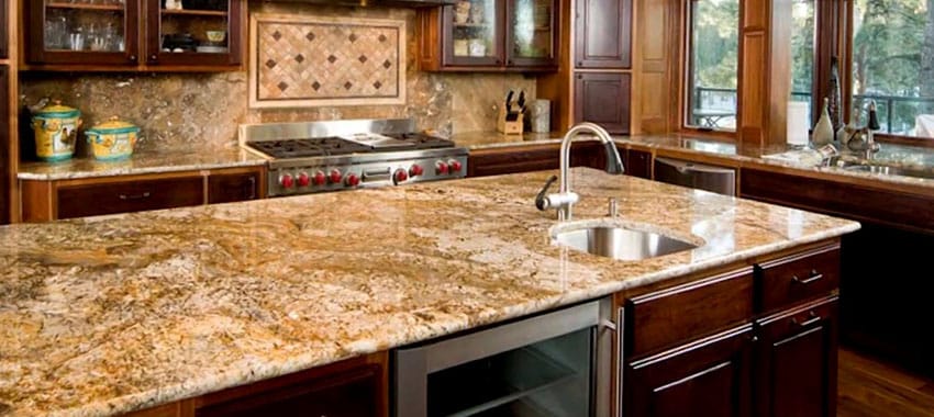 Beautiful mid century brown granite kitchen countertop close up