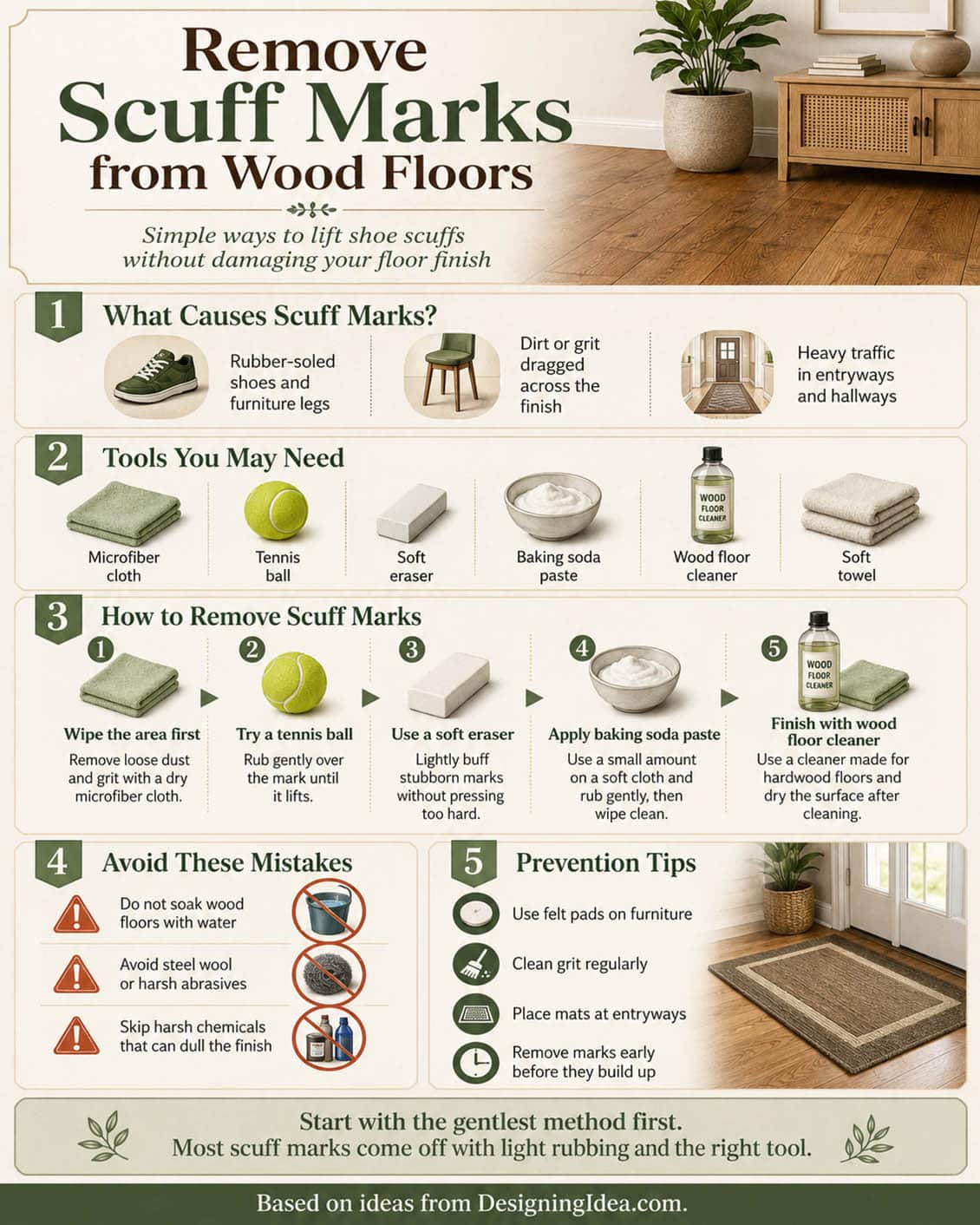 How to remove scuff marks from wood floors infographic