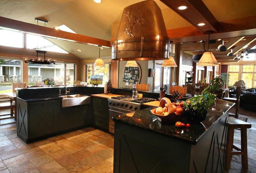 Kitchen with absolute black granite counter on u shape island