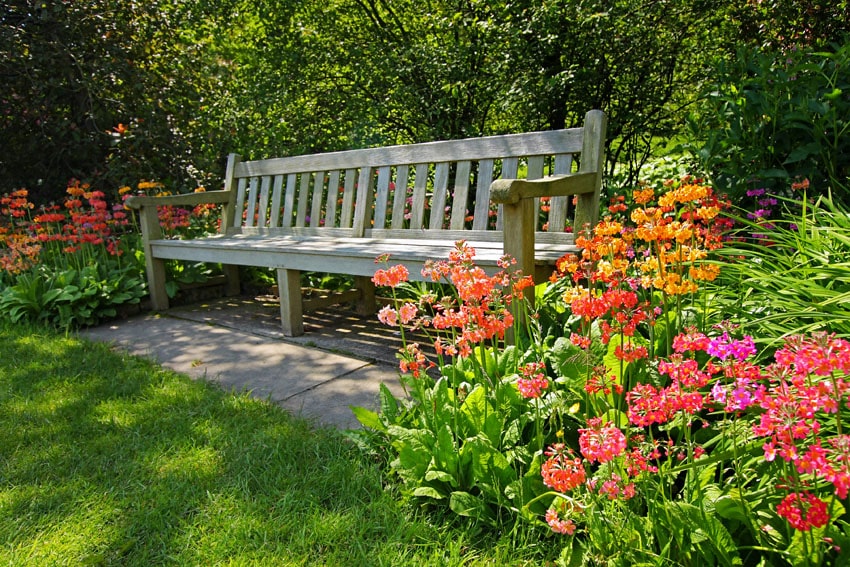 Long wood bench in flower garden