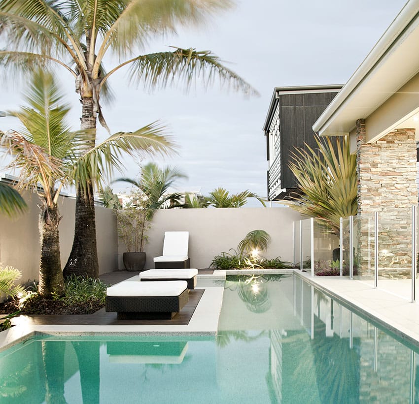 Luxury backyard pool with glass-style fence and cement fence