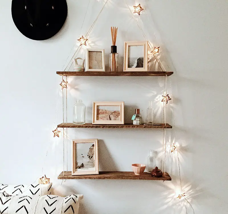 Hanging wood shelf with lights