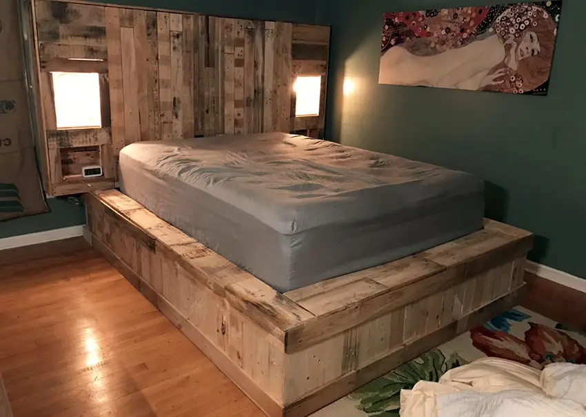 Raised bed with gray mattress