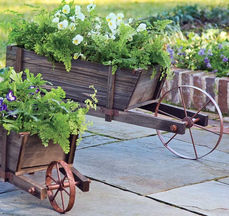 Small and large wood wheelbarrow planter