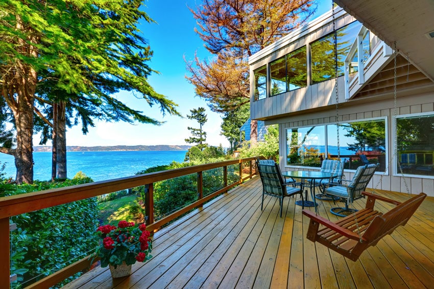 Deck bench with lake views