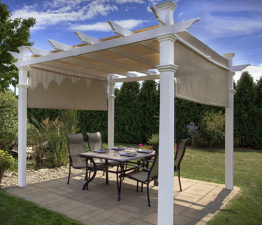 A 10 by 10 pergola with moldings on the posts