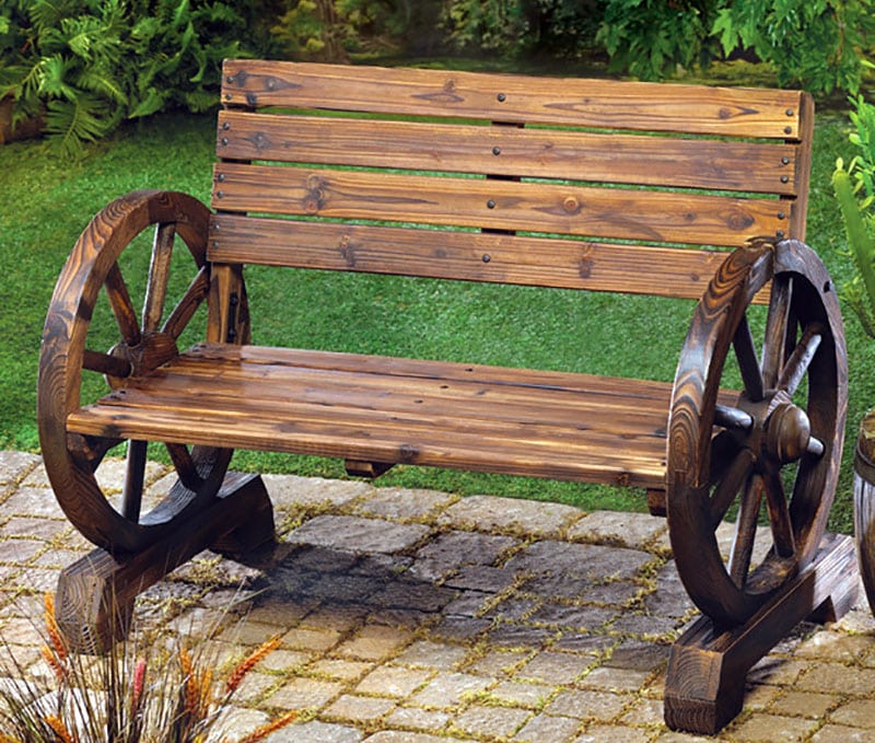 Wagon wheel bench for backyard