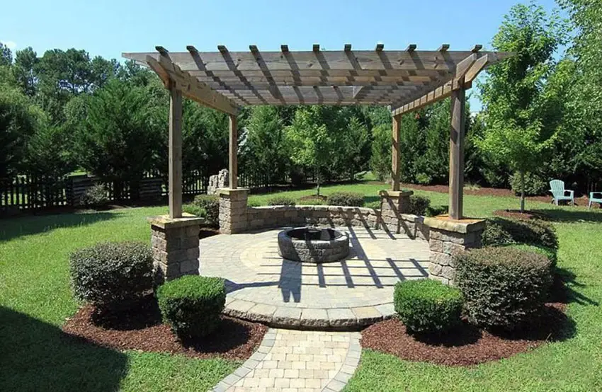 Pergola on top of paver patio with firepit