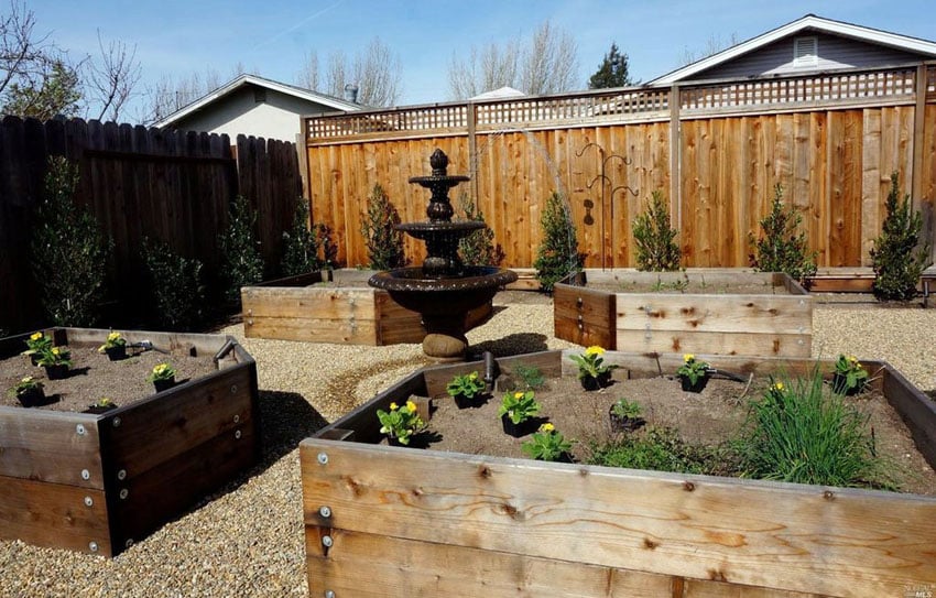 Backyard garden with raised boxes and privacy fence with lattice top