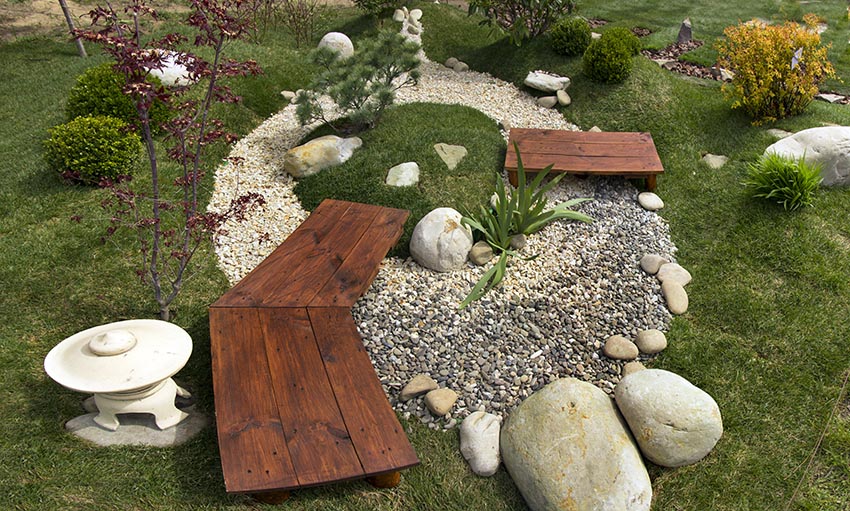 Backyard Japanese rock garden with gravel pebbles wood walkways and grass island