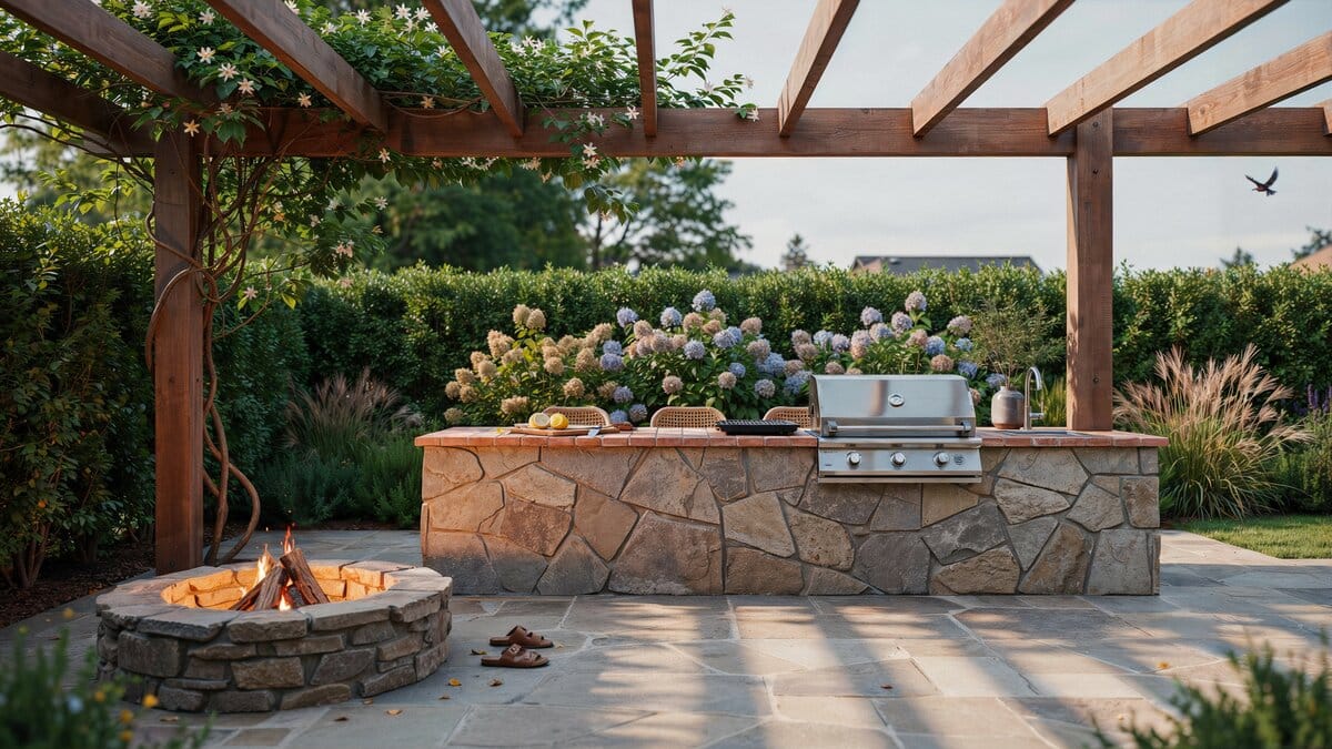 Outdoor kitchen under a wood pergola with stone cladding and a circular fire pit