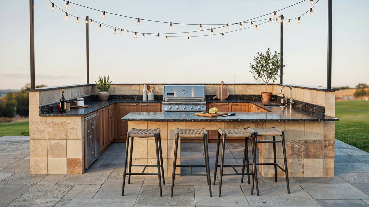 U-shaped outdoor kitchen with black granite counters and wood upper cabinets