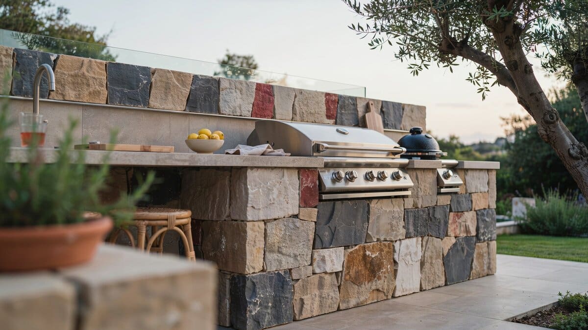 Natural cut stone barbecue kitchen overlooking a sparkling pool water feature