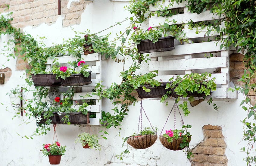 Hanging pallets with planter boxes and flowers