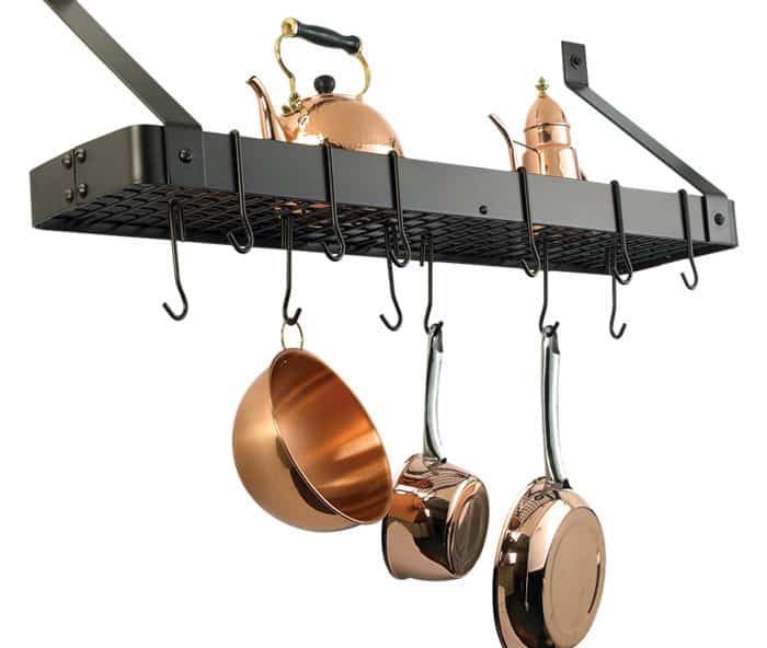 Hanging metal pot rack with shelf