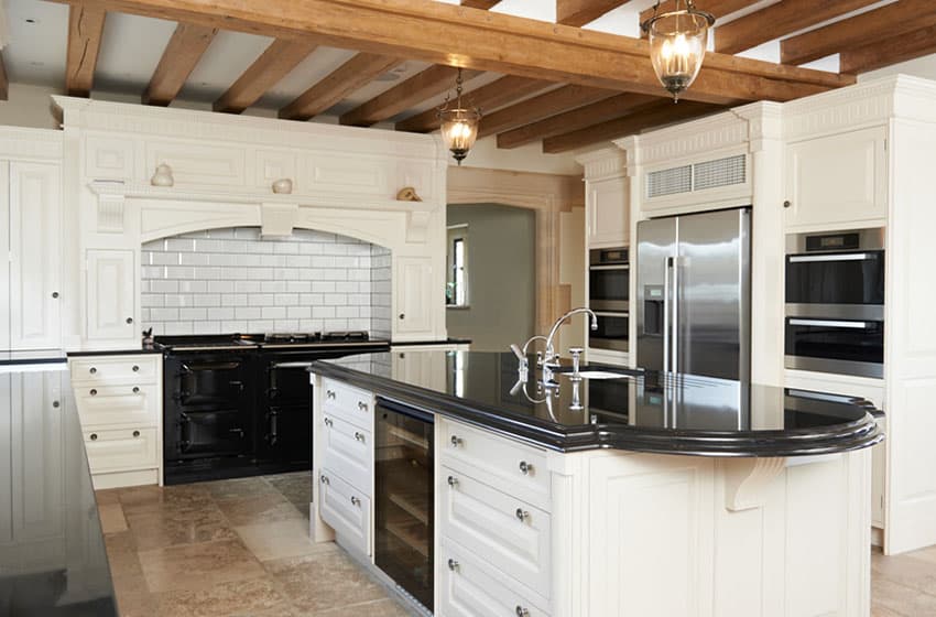Kitchen with polished finish black granite countertops