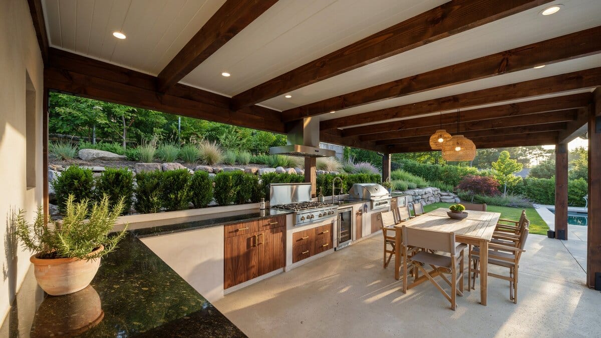 Large covered outdoor kitchen with wenge cabinets and a stainless range wall