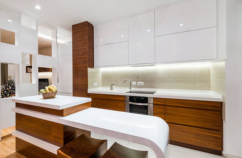 Modern brown and white cabinet kitchen with breakfast bar