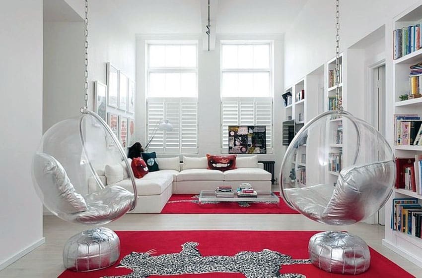Modern living room with two round cocoon hanging chairs