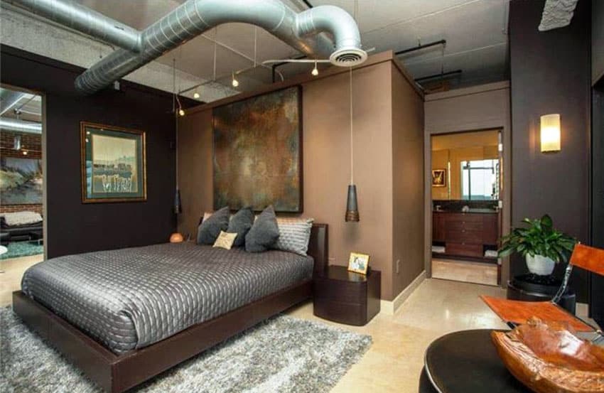 Modern loft bedroom with industrial design and dark color theme