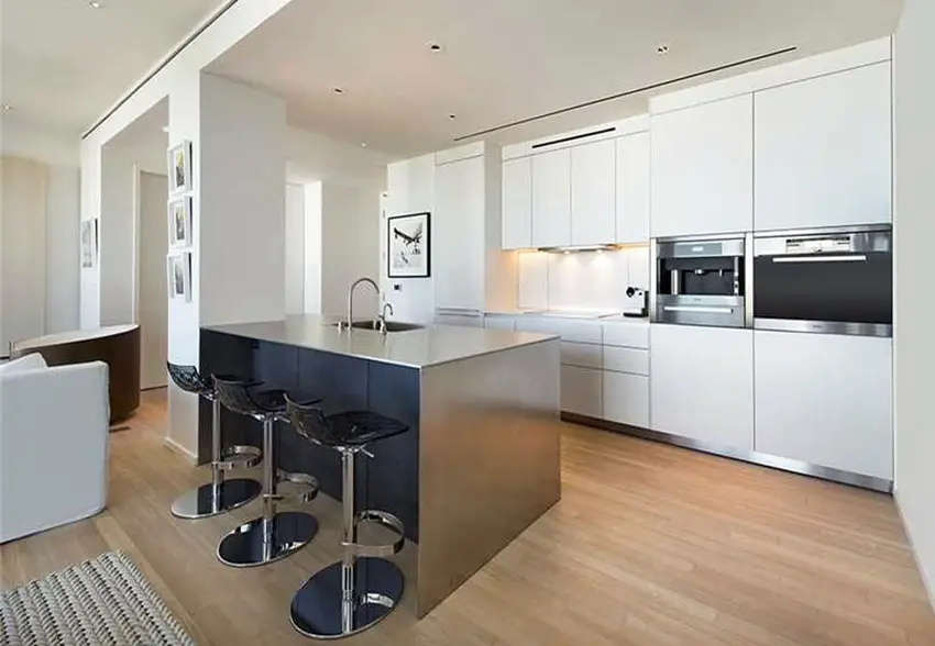 Modern single wall kitchen with dark colored island
