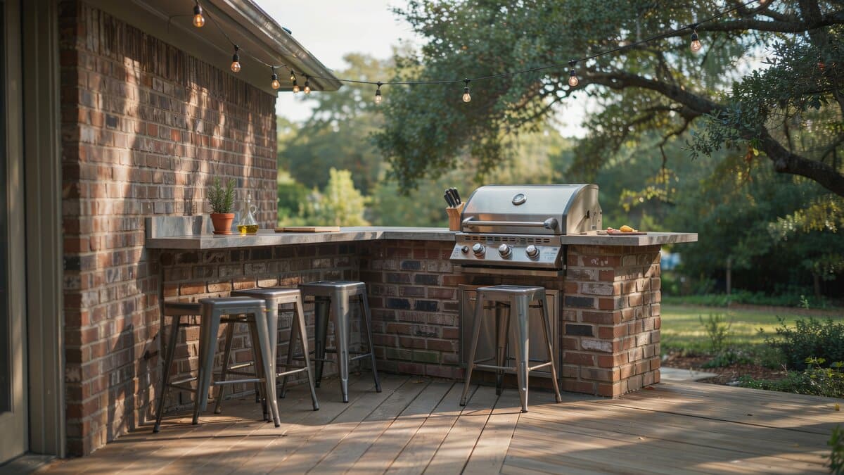 Brick-clad L-shaped outdoor counter with solid stone top and aluminum bar stools