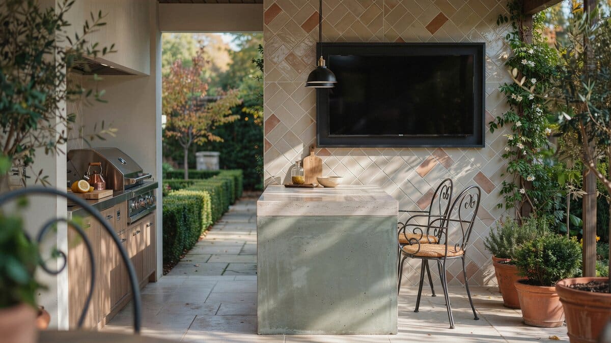 Galley outdoor kitchen with a sage green island and mounted flat screen television