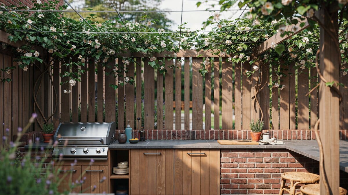 Outdoor kitchen with teak cabinet doors and tiled counters under a garden trellis