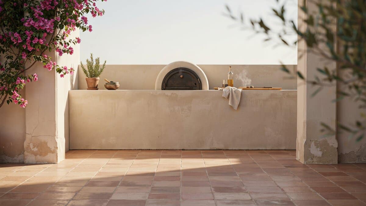 Mediterranean outdoor kitchen with beige concrete counters and a large built-in oven