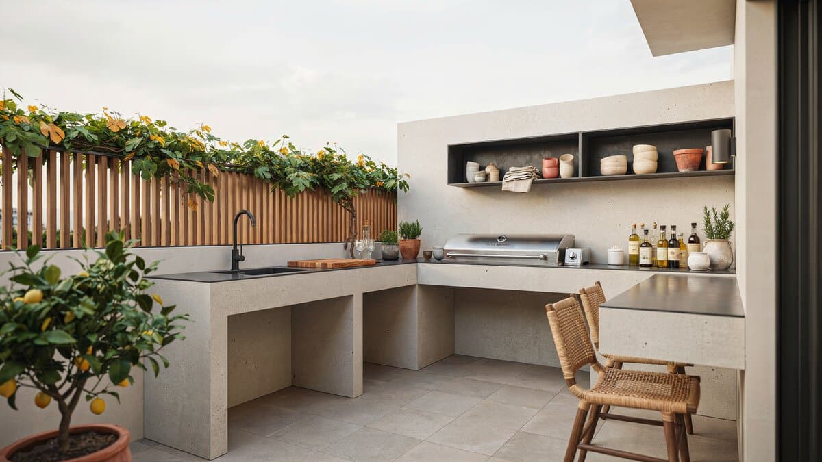 Open patio kitchen with a U-shaped concrete counter and recessed upper shelves