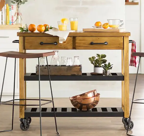 Portable wood kitchen cart with metal shelves and wheels