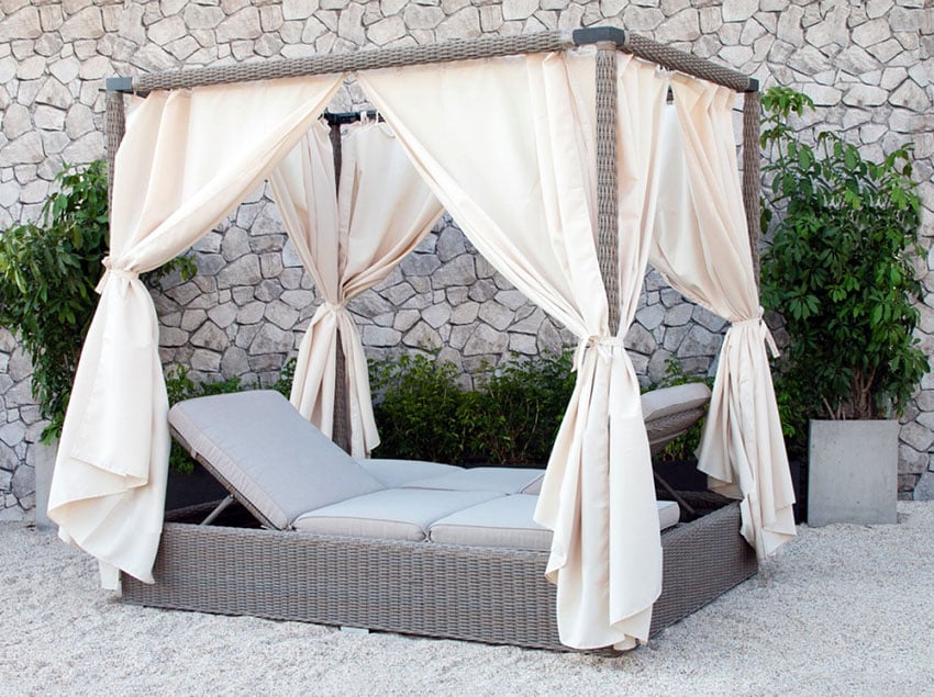 Portable pool canopy with double chaise lounge with curtains