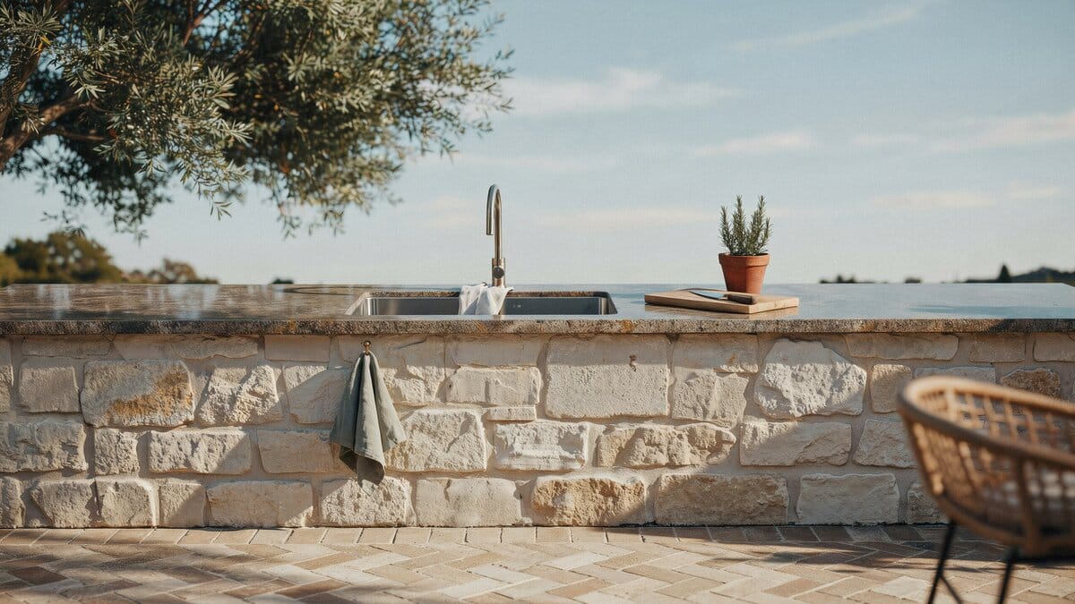 Small outdoor kitchen with a cut stone base, dark granite counters and a sink