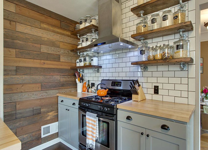 Small rustic kitchen with open shelving with glass jars