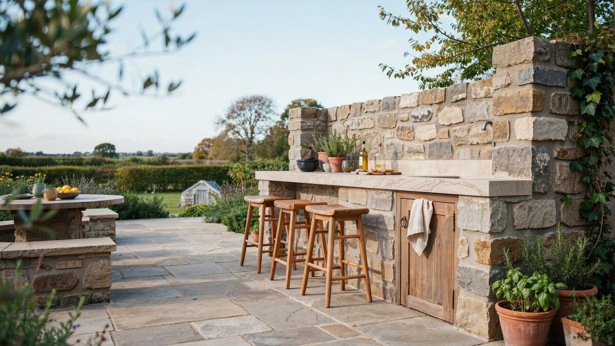 Rustic stone outdoor kitchen with beige granite counters and teak wood stools