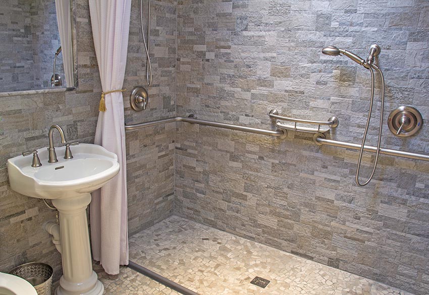 Stone walk in shower with curtain