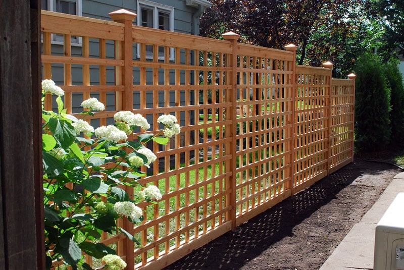 Square grid wood lattice garden fence