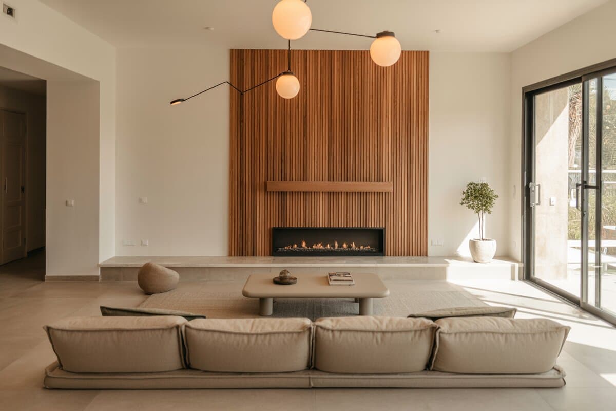 Zen living room with wood slat fireplace wall, globe pendant lights and a low beige sofa