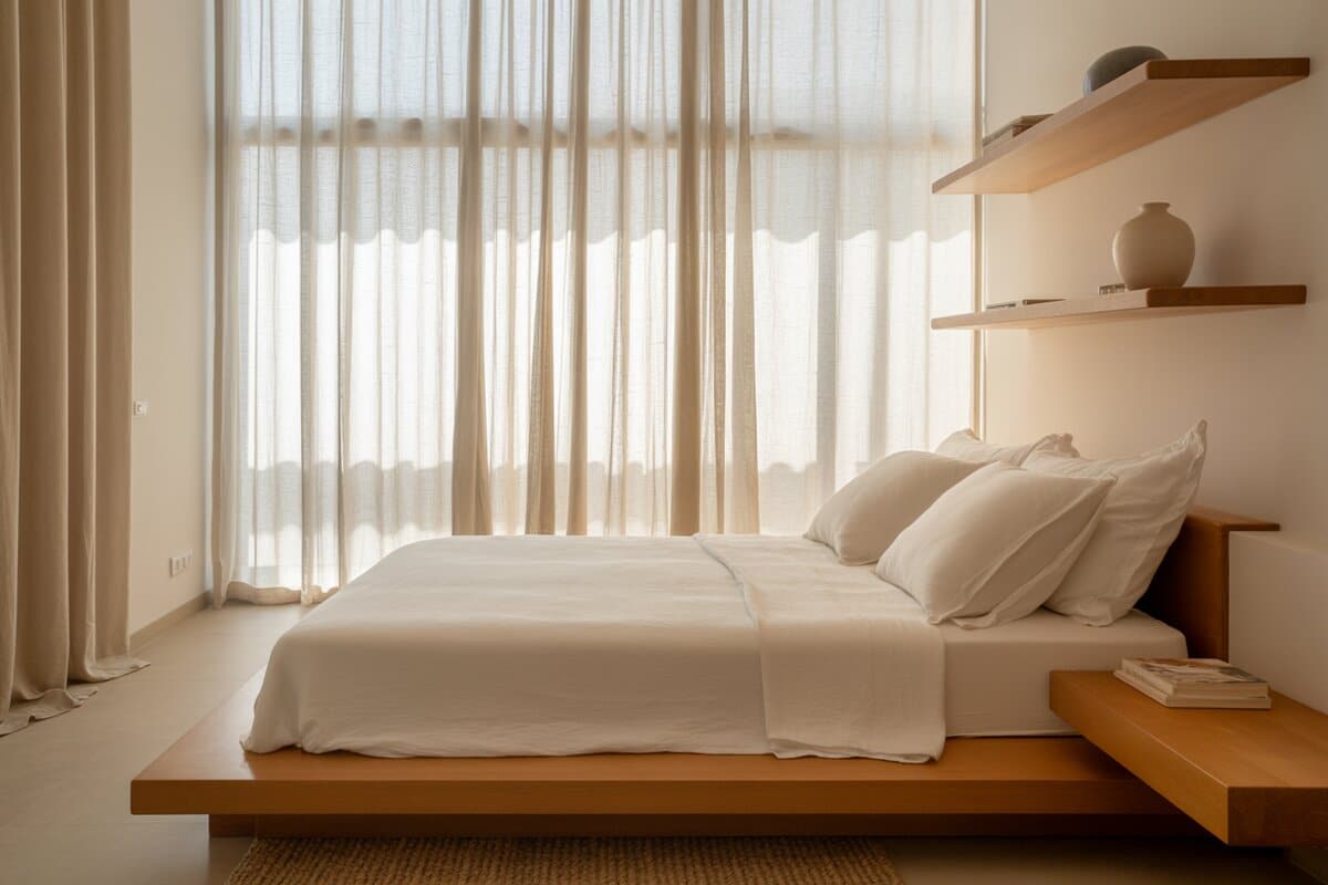 Zen bedroom with wood platform bed, white linen bedding and sheer sunlit curtains
