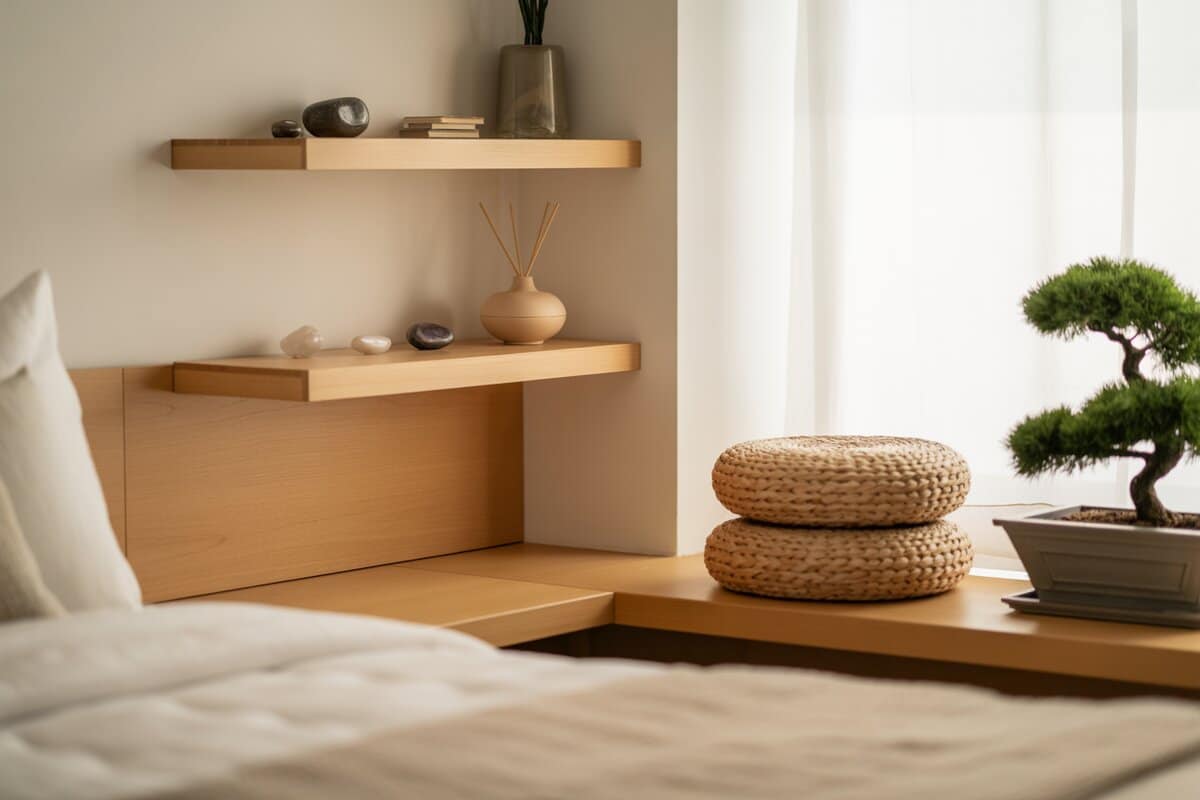 Zen bedroom corner with floating shelves, crystals, a reed diffuser and a bonsai