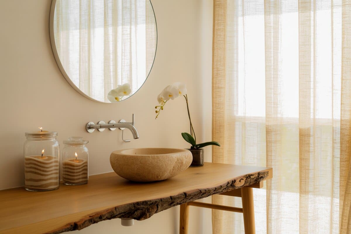 Zen bathroom vanity with live edge wood counter, stone basin and sand candles