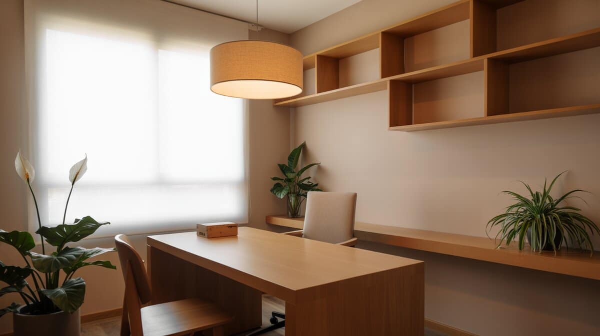 Zen home office with wood desk, drum pendant light and wall shelving with plants