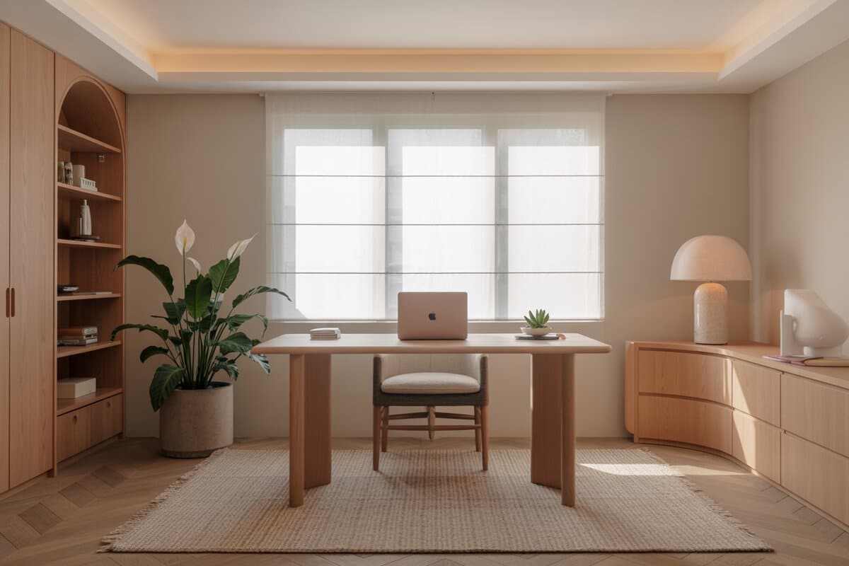 Zen home office with light wood desk, laptop, peace lily and woven floor rug