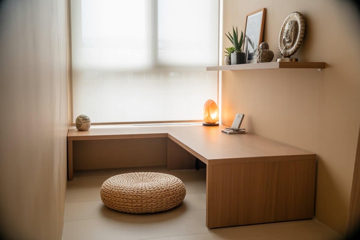 Zen work nook with floating wood desk, woven pouf and a Himalayan salt lamp