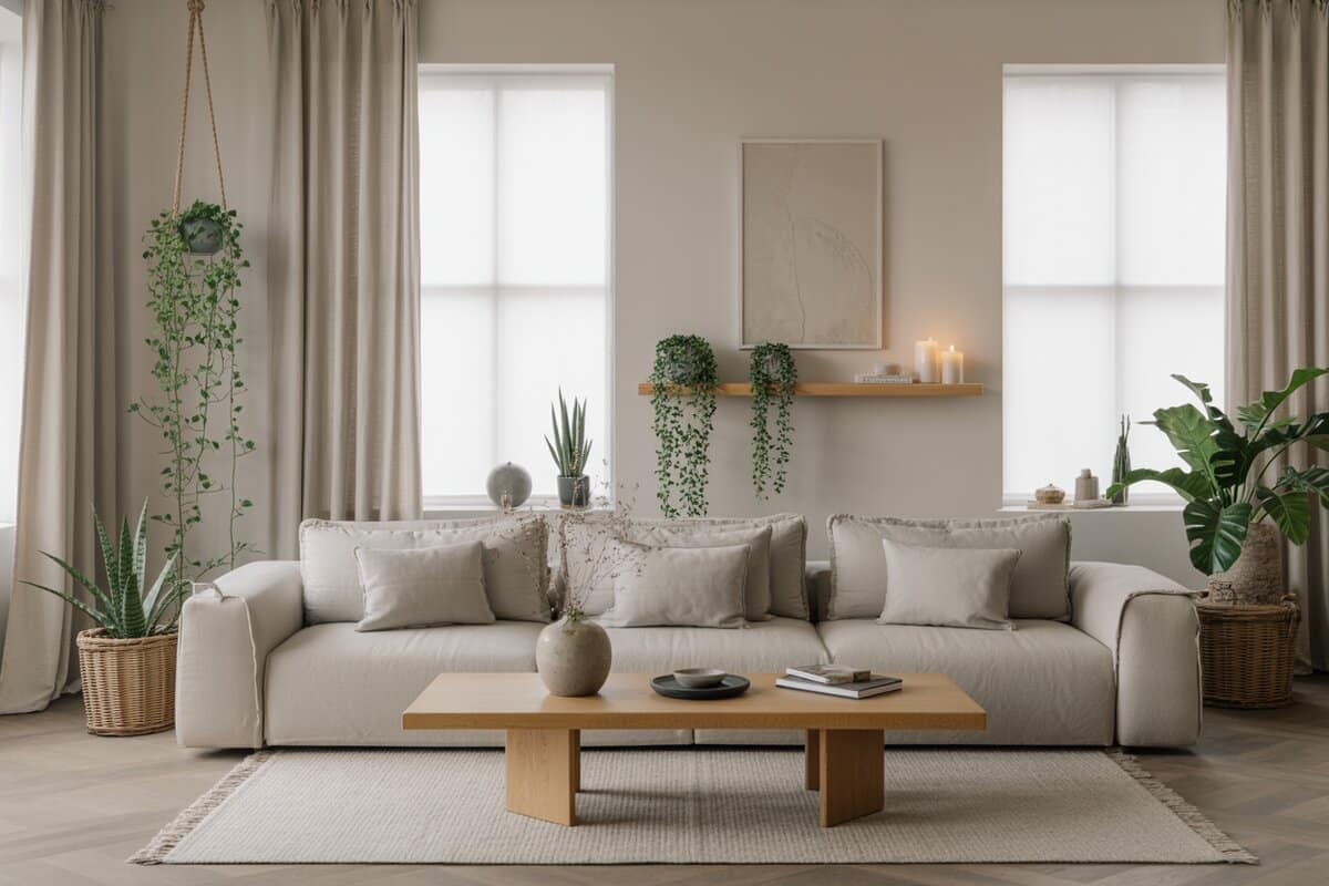 Zen living room with linen sofa, hanging plants, floating shelf and woven rug