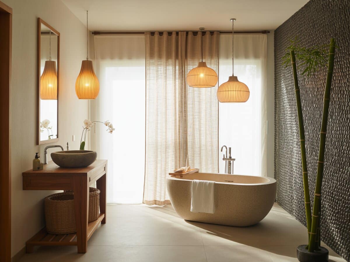 Asian zen bathroom with woven pendant lights, stone tub and a pebble feature wall