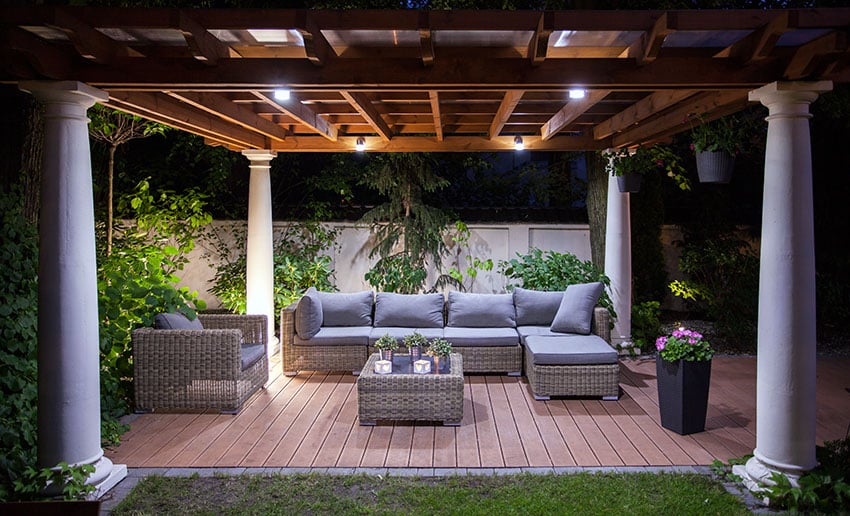 Backyard covered deck with tall flower box